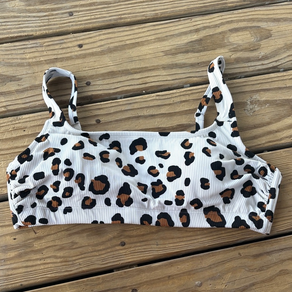 Xhilaration White Leopard Print Ribbed Swim Top with Brown & Black Spots